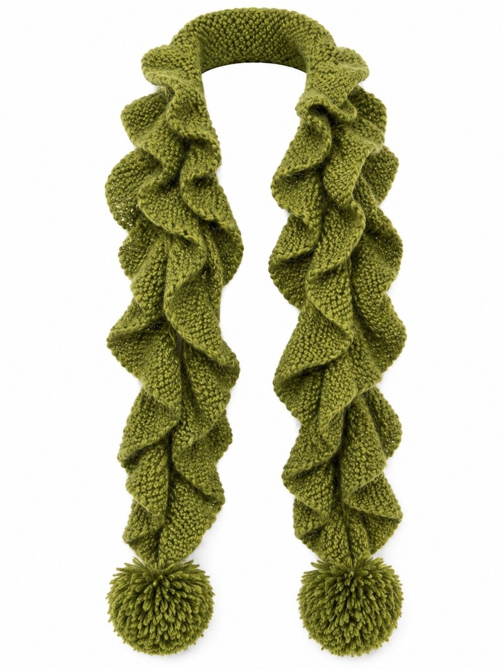 Hand Knit Ruffle Scarf Olive Green Pom Pom Boho Cottagecore Winter Wrap Woodland